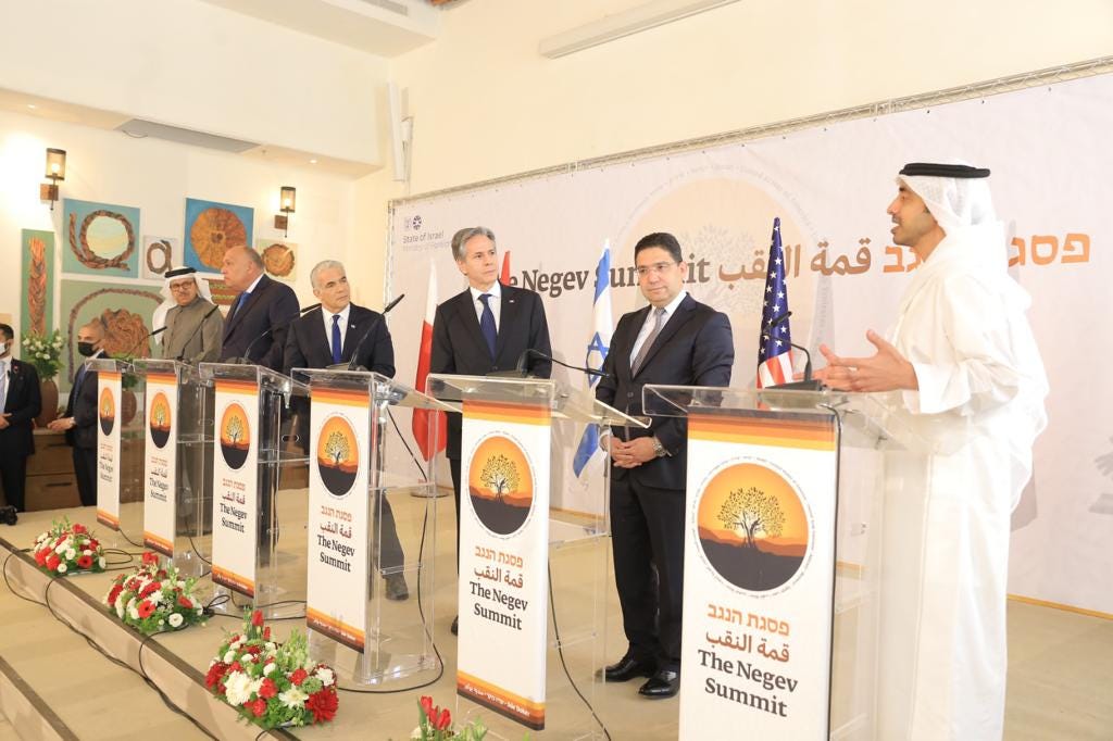 From Right to Left: Sheikh Abdullah bin Zayed (UAE), Nasser Bourita (Morocco), Anthony Blinken (USA), Yair Lapid (Israel), Samah Shukri (Egypt), Abdullatif bin Rashid Al-Zayani (Bahrain). (Israel Ministry of Foreign Affairs, Government Press Office.)