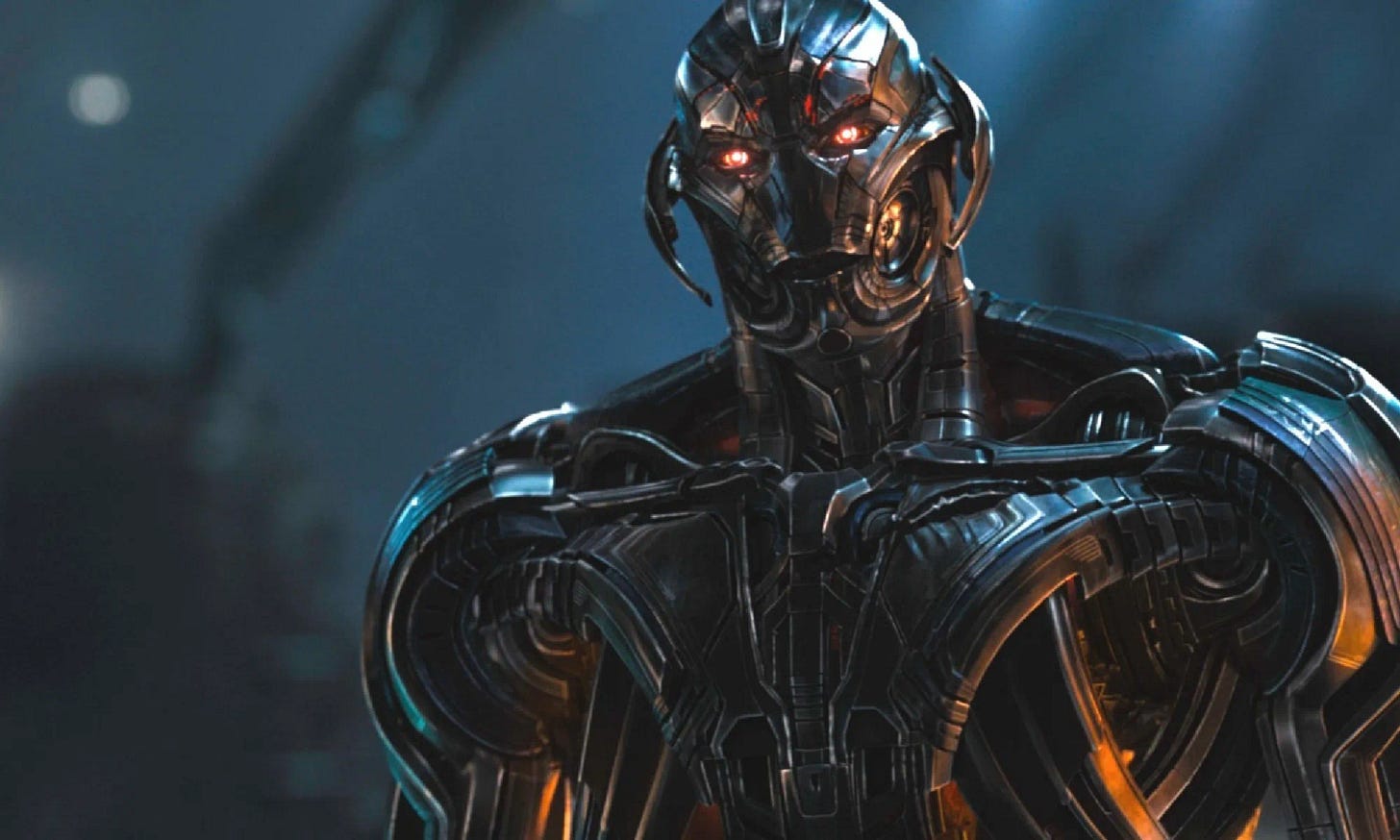 image of avengers movie villain Ultron; big muslcey robot with glowing eyes image of avengers movie villain Ultron; big muslcey robot with glowing eyes
