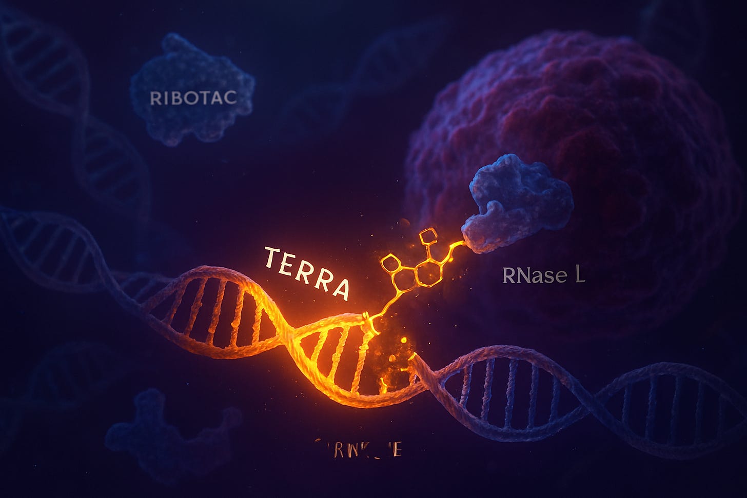 A hyper-realistic scientific visualization of a cancer cell being targeted at the molecular level. At the center, a glowing RNA strand labeled “TERRA” is unraveling as a small, precise drug molecule attaches and initiates its breakdown. Surrounding the central scene are faint DNA helices and enzymatic shapes symbolizing RIBOTAC and RNase L activity. The color palette features deep purples, blues, and bright molecular golds to convey innovation and precision. In the background, a blurred microscopic view of cells evokes a cellular battlefield, representing the dismantling of cancer’s immortality at its molecular source.