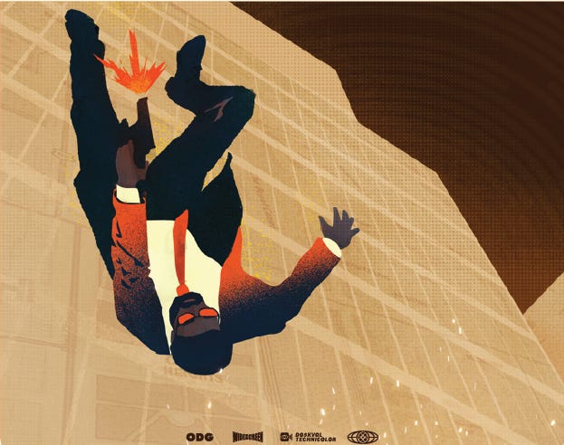A man in a suit and tie falls from a building, firing his pistol upwards in a style reminiscent of James Bond films.