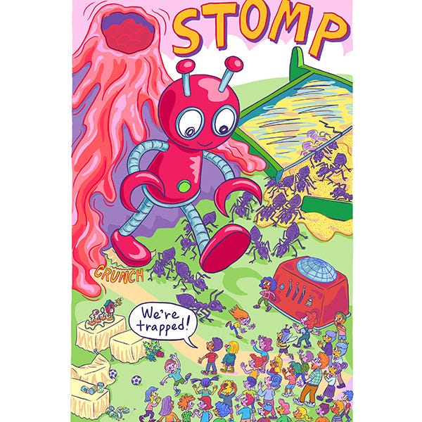 A giant robot clambers towards the students on the field, while lava flows from a volcano, and giant ants swarm the grounds. On the field is the weather maker machine of Marcia.