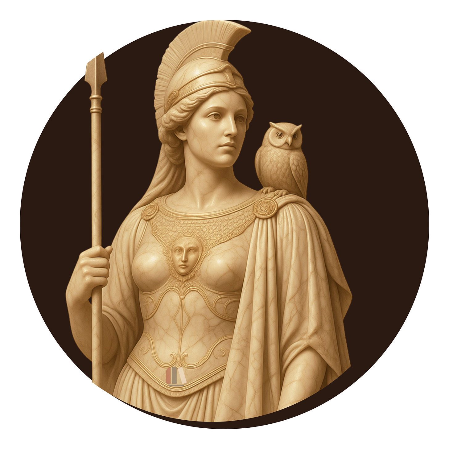 Sculpted classical bust in pale stone against a dark brown circle. A helmeted woman in armored aegis holds a spear upright, an owl perched at her shoulder, her expression level and appraising. Sculpted classical bust in pale stone against a dark brown circle. A helmeted woman in armored aegis holds a spear upright, an owl perched at her shoulder, her expression level and appraising.