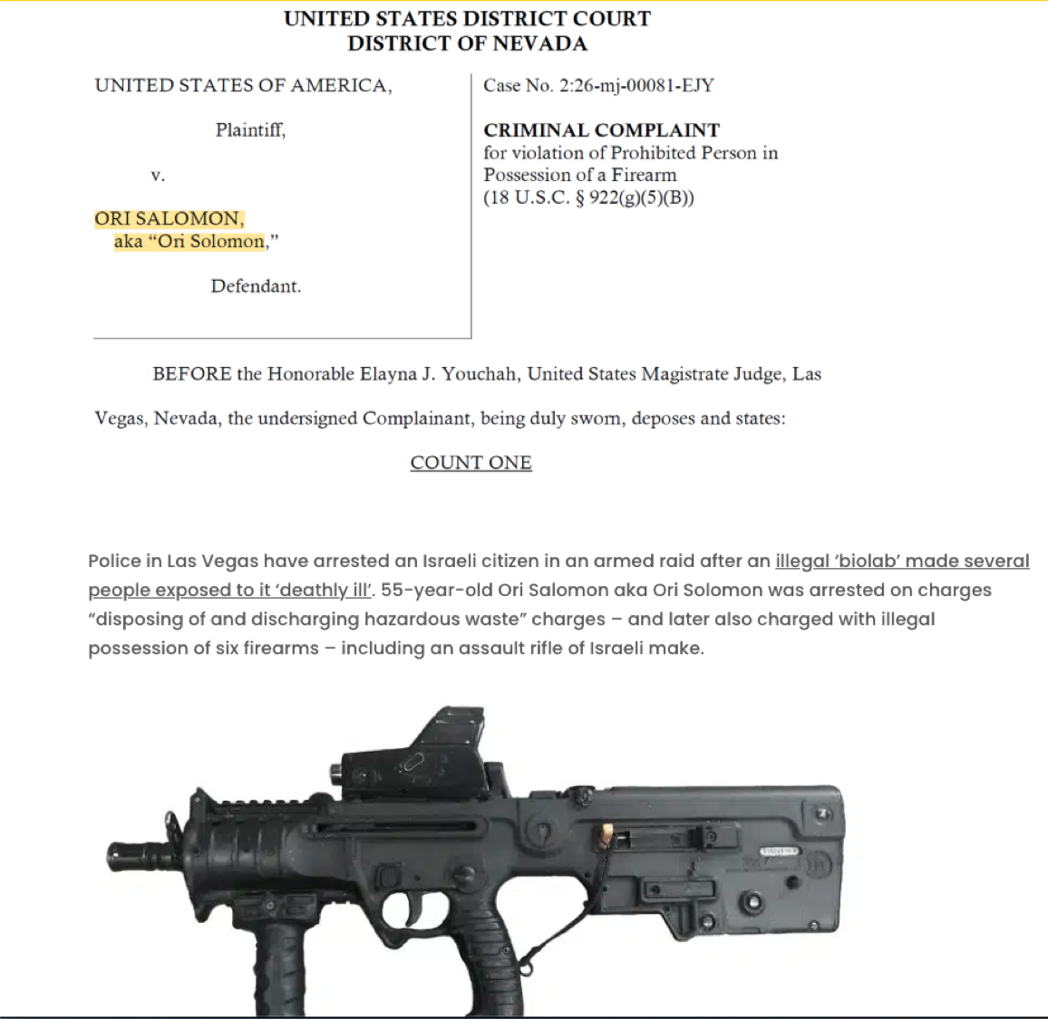 Federal affidavit from the Nevada biolab raid — the first U.S. case confirming an Israeli national operating a hazardous, weapons-adjacent laboratory on American soil, mirroring an earlier California incident tied to the same shadow network.