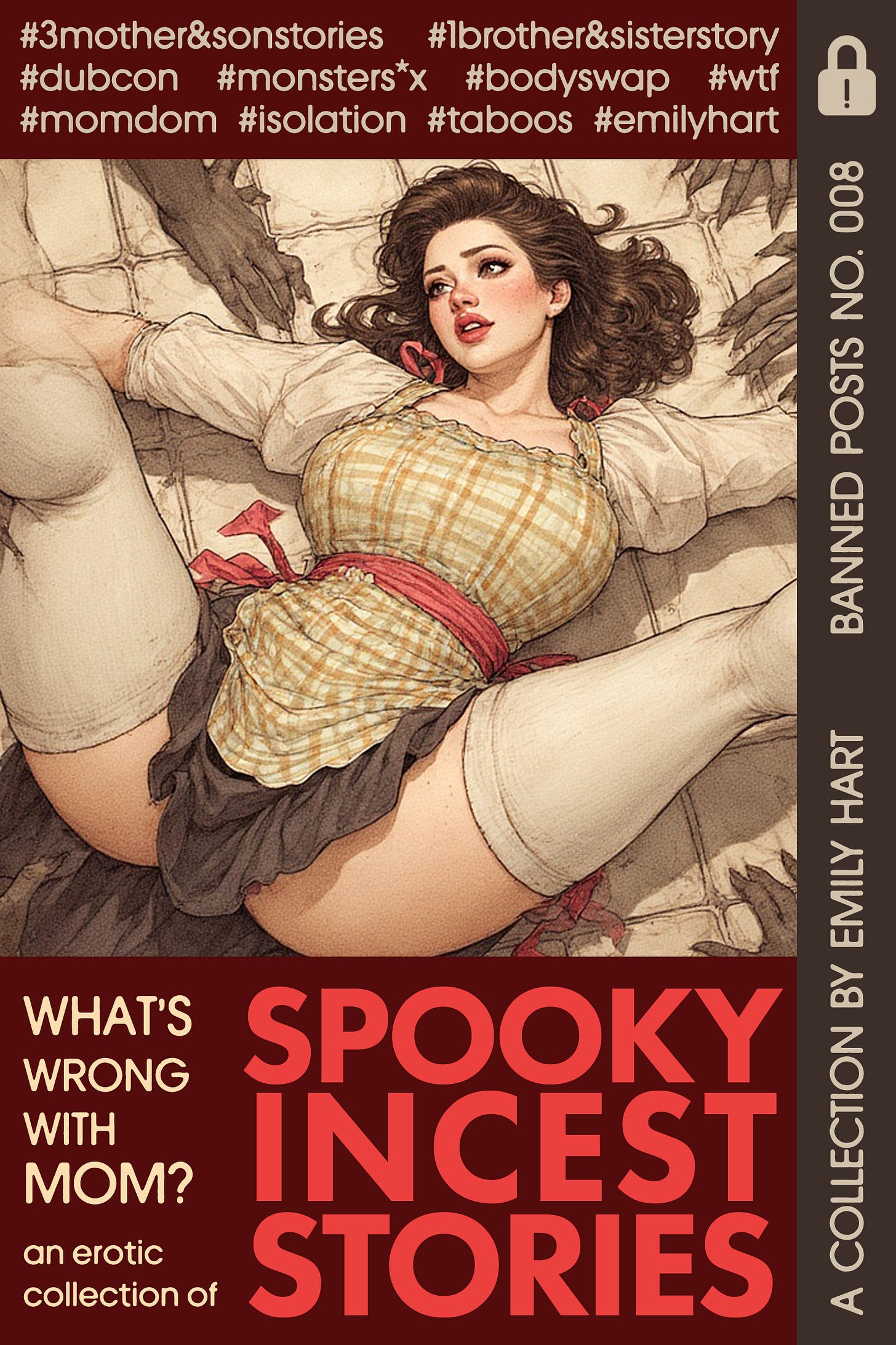 A cover for "What's Wrong with Mom? Spooky Incest Stories Collection" featuring a pinup beauty thrown to the tiled floor, surrounded by dark forces.