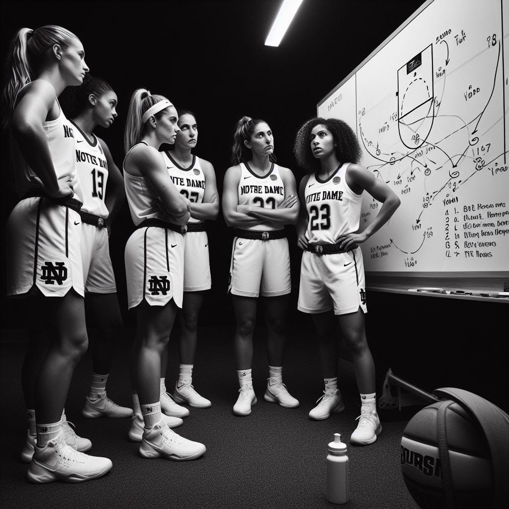 A black-and-white photo of the Notre Dame women's basketball team looking at a whiteboard with plays drawn on it A black-and-white photo of the Notre Dame women's basketball team looking at a whiteboard with plays drawn on it