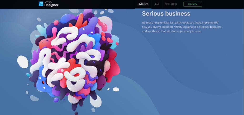 Screenshot of Affinity Designer product's home / landing page 