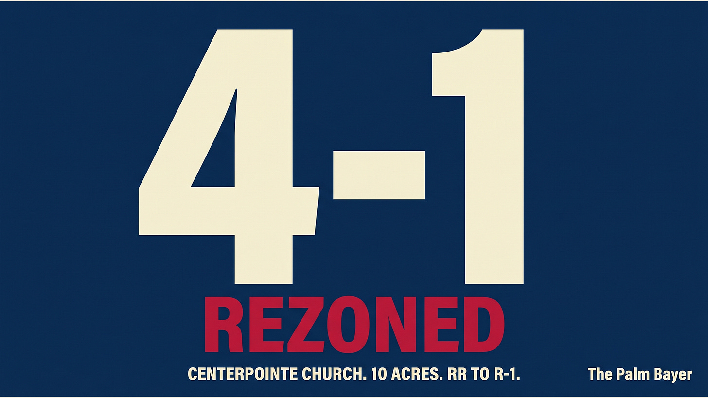 Vote tally: 4-1 REZONED, Centerpointe Church, 10 acres, RR to R-1