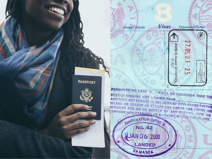 Woman holding US passport at airport; visa stamps