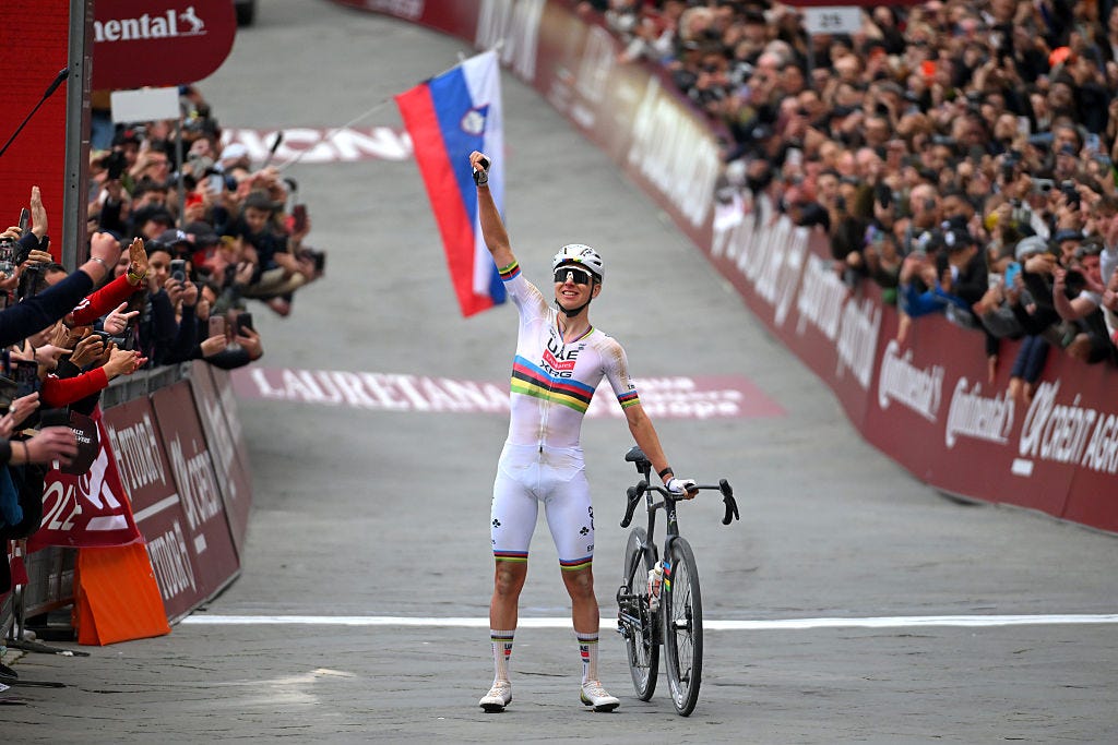 SIENA, ITALY - MARCH 07: Tadej Pogacar of Slovenia and UAE Team Emirates - XRG celebrates at finish line as race winner during the 20th Strade Bianche 2026 a 203km one day race from Siena to Siena / #UCIWT / on March 07, 2026 in Siena, Italy. (Photo by Tim de Waele/Getty Images)