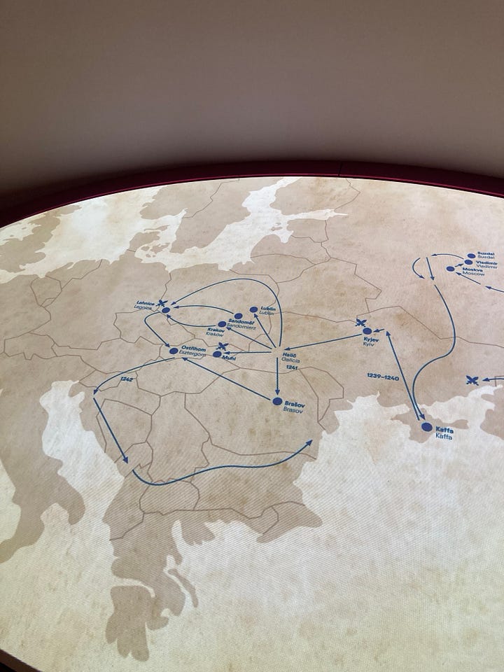 Pictures of a ceramic camel, a pizza, the seal of a General, a Garuda mask, a yurt, a lovely lady looking at a Yama, a map, and a timeline.