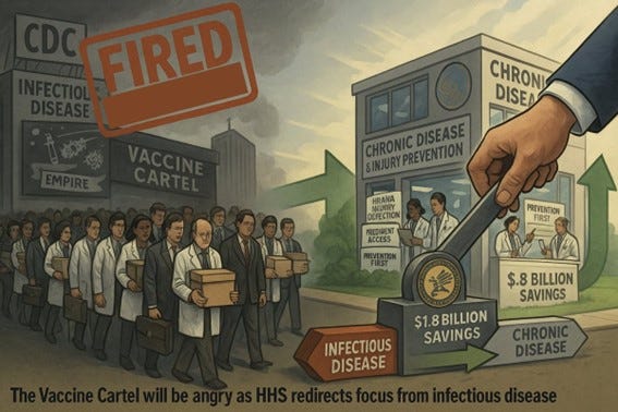 Illustration showing a large hand stamping “Fired” over a group of scientists labeled the Vaccine Cartel, as funding shifts from infectious disease to chronic disease prevention. Illustration showing a large hand stamping “Fired” over a group of scientists labeled the Vaccine Cartel, as funding shifts from infectious disease to chronic disease prevention.