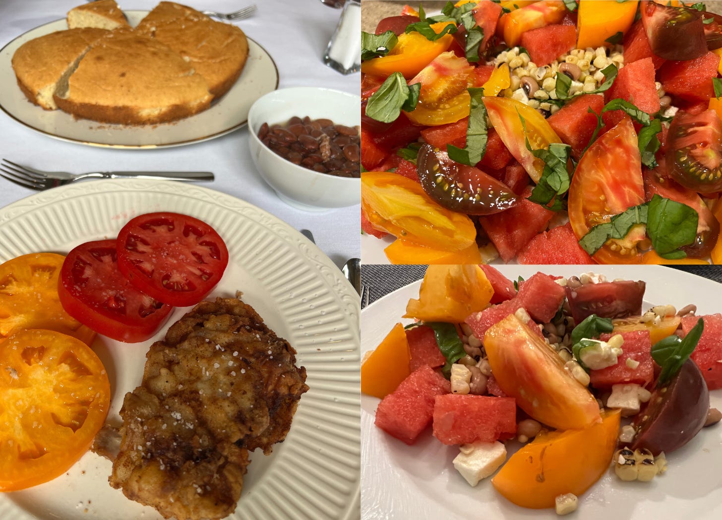 fried chicken thighs with sliced tomatoes, cornbread, and speckled butterbeans. tomato watermelon salad with feta, basil, black-eyed peas and charred corn. fried chicken thighs with sliced tomatoes, cornbread, and speckled butterbeans. tomato watermelon salad with feta, basil, black-eyed peas and charred corn.