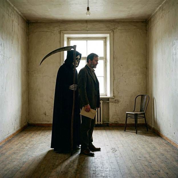 An empty room where only a lone man and death are living 