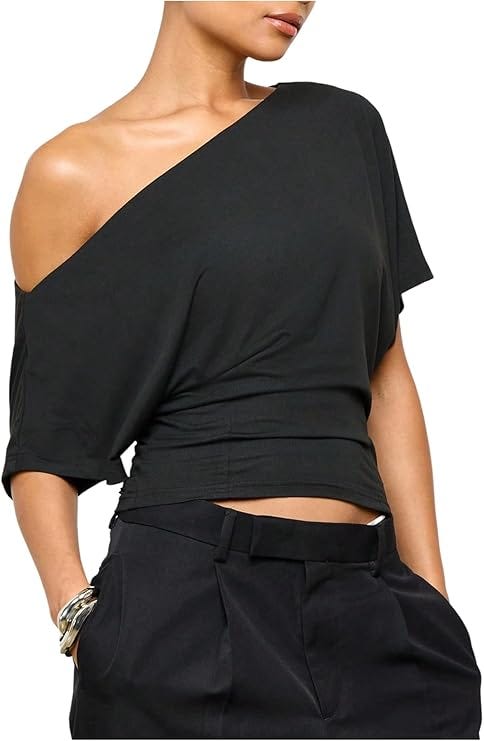 SweatyRocks Women's Off The Shoulder Crop Tops Asymmetrical Y2K Going Out Top Dolman Short Sleeve 2026 Summer Trendy Clothes