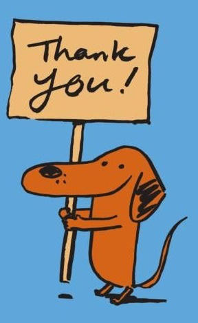 This may contain: a cartoon dog holding a sign that says thank you with the words'thank you'written on it