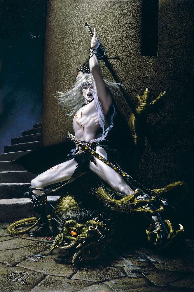 At the base of a spiral staircase, Elric stands over a green scaled demon. He draws back the long blade of Stormbringer in a two-handed grip. A black trail of motion can be seen at the end of the blade as it begins to sweep overhead and down for a killing blow. His clothes are torn to shreds and blood trails down the pure white skin of his chest and thigh. The demon bears its fans and it's fore claws grip Elric's leg At the base of a spiral staircase, Elric stands over a green scaled demon. He draws back the long blade of Stormbringer in a two-handed grip. A black trail of motion can be seen at the end of the blade as it begins to sweep overhead and down for a killing blow. His clothes are torn to shreds and blood trails down the pure white skin of his chest and thigh. The demon bears its fans and it's fore claws grip Elric's leg