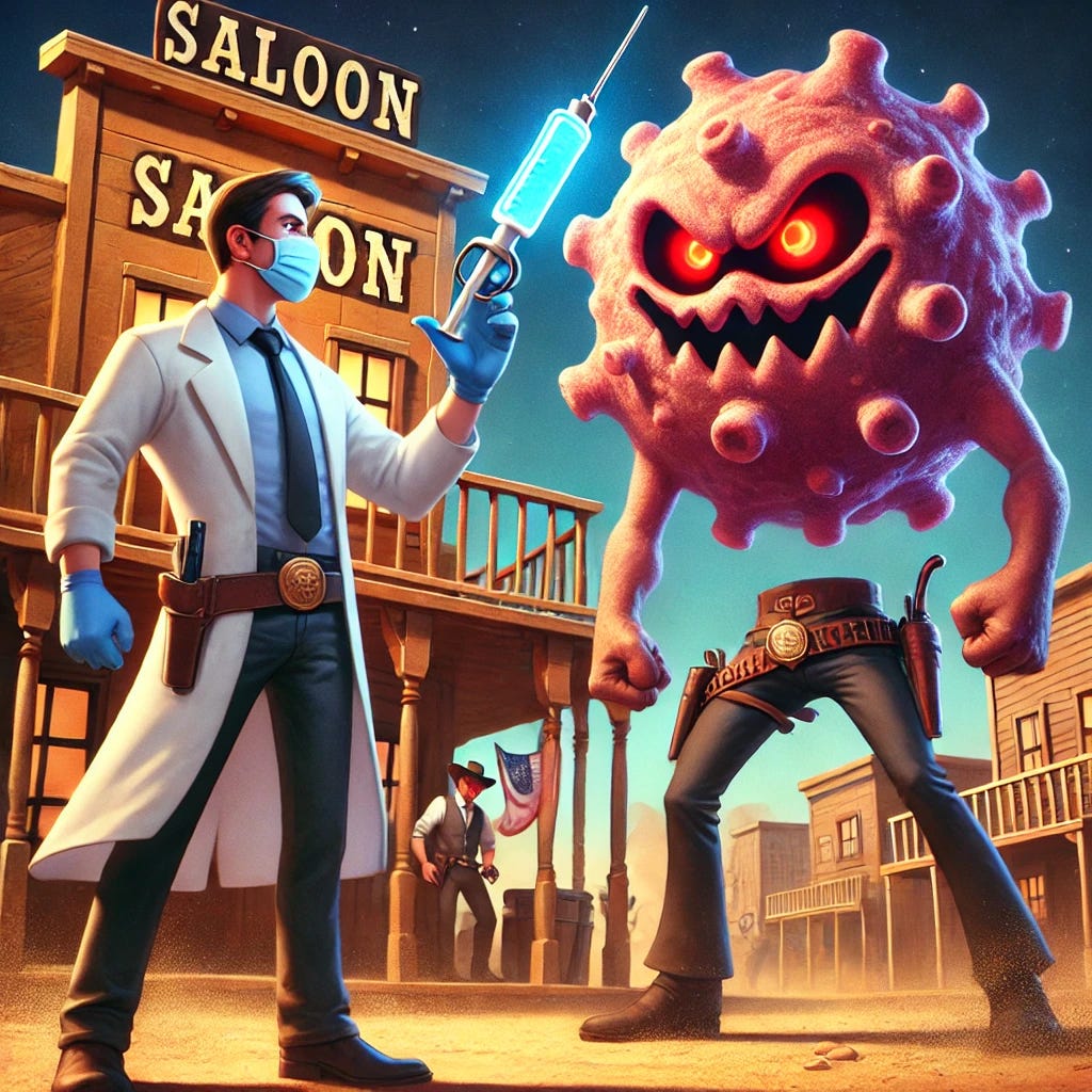 A cartoon-style Western showdown between a scientist in a lab coat and an anthropomorphized giant cancer cell. The scientist, standing tall in front of a saloon, confidently reaches for a holstered syringe glowing with bright blue light. The cancer cell, depicted as a large humanoid figure with sinister features like jagged edges, glowing red eyes, and a menacing expression, stands opposite, ready for a showdown. The scene is set in a Wild West town with exaggerated, stylized lighting and dusty streets. The cartoon style is vibrant and fun, with exaggerated features for both characters.