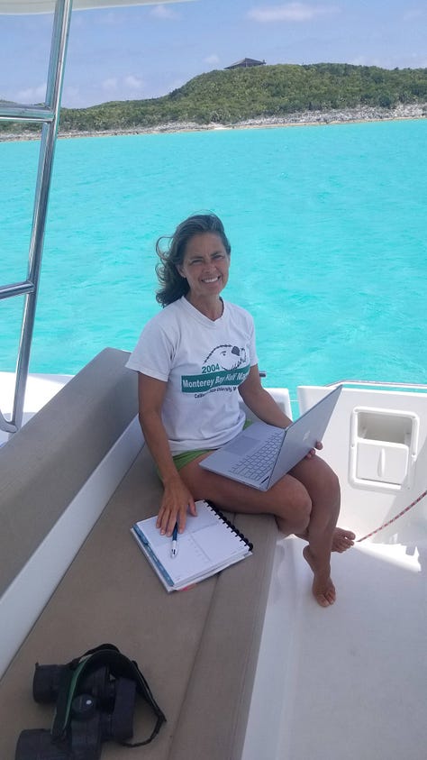 Images of author, Rosa Linda Román on a boat, with a computer or journal in hand for writing.