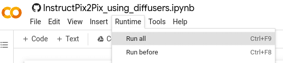 Runtime dropdown in the Google Colab for InstructPix2Pix