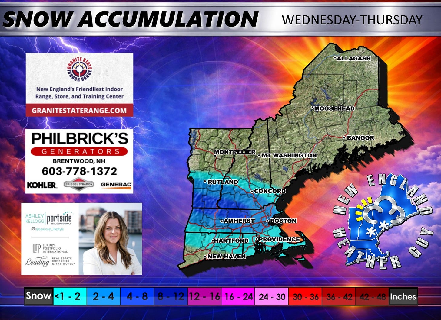 May be an image of map and text that says 'SNOW ACCUMULATION New England's Friendliest Indoor Range, Store, and Training Center WEDNESDAY-THURSDAY •ALLAGASH GRANITESTATERANGE.COM •MOOSEHEAD PHILBRICK'S GENERATORS G BRENTWOOD, NH 603-778-1372 KOHLER. GENERAC BRIGGSLSTMTION MONTPELIER MONTPELTER.MTWASHINGTON MONT •MTWASHINGTON •MT BANGOR •RUTLAND ASHLEY KELLOGG portside G @ Mfestyle •CONCORD NTERNATIONAL: .AMHERST Leading REALESTATE ALERTATE THEWOBLE WOBLD •BOSTON HARTFORD ٢ OPROVIDENCE -NEW NEWHAVEN HAVEN NELAU Snow <1 <1-2 2 2-4 4-8 8-12 12 12-16 16 16 24 24 30 30 36 36 42 Inches'
