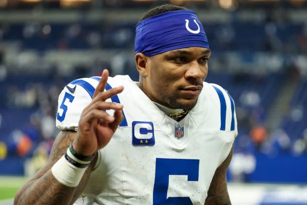 Anthony Richardson of the Indianapolis Colts reacts after their 38-30 win over the Tennessee Titans at Lucas Oil Stadium on December 22, 2024 in...