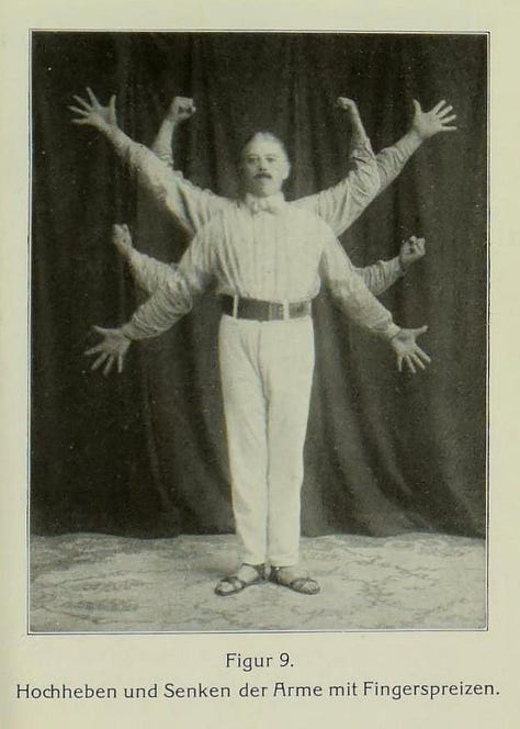 Nine old timey photos of everything from people exercising to cells to cats pretending to drink wine.