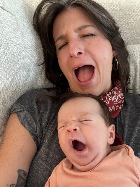 three photos of meg holding her 3-week old niece. meg attempts to mirror the same faces Charlie makes in every picture. they look alike - dark hair, light eyes.