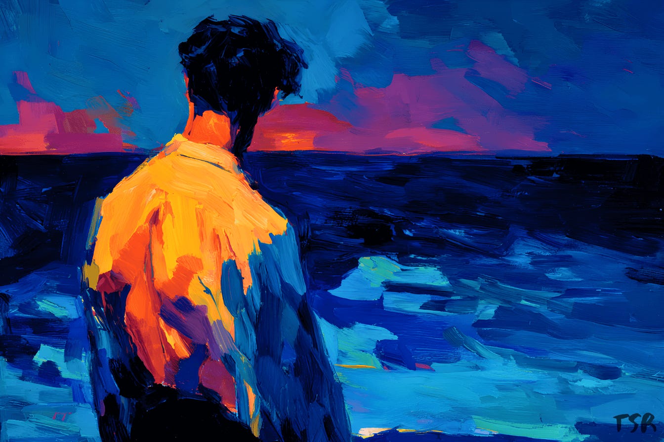 A solitary man in a white period-style blouse stands with his back to the viewer, gazing out at a dark, ominous sea under the night sky. A solitary man in a white period-style blouse stands with his back to the viewer, gazing out at a dark, ominous sea under the night sky.