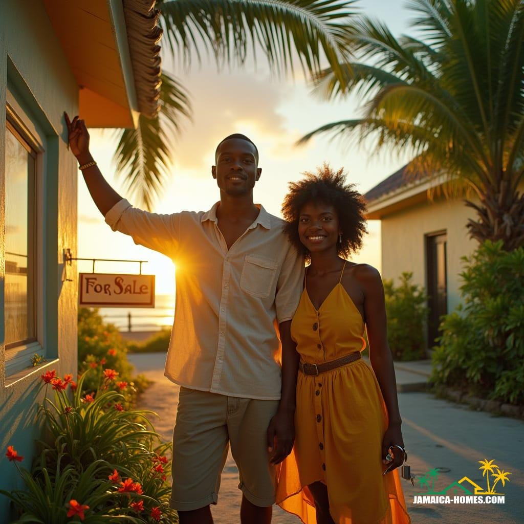 Cinematic portrait of a beautiful Jamaican couple in front of their freshly painted home, framed by vibrant tropical flowers and a lush mango tree, at golden hour in Jamaica. The man proudly rests a hand on a “For Sale” sign, while the woman holds house keys, smiling with pride and hope. They wear stylish, relaxed clothing of linen and bold colors, reflecting Jamaican culture. The Caribbean Sea glows in the distance, with warm sunlight casting a golden halo around them. Cinematic film still, shot on v-raptor XL, film grain, vignette, color graded, post-processed, cinematic lighting, 35mm film, live-action, atmospheric, masterpiece, epic, stunning, dramatic.