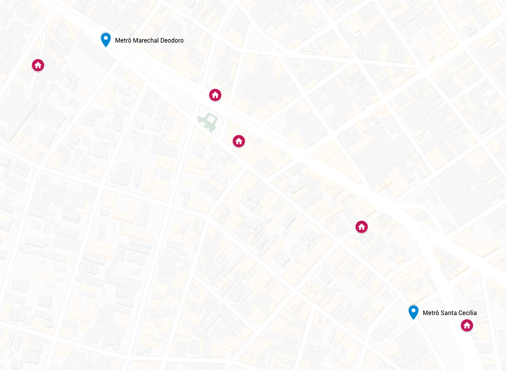 Mapa que mostra os endereços citados acima, quase todos no bairro da Santa Cecília, SP