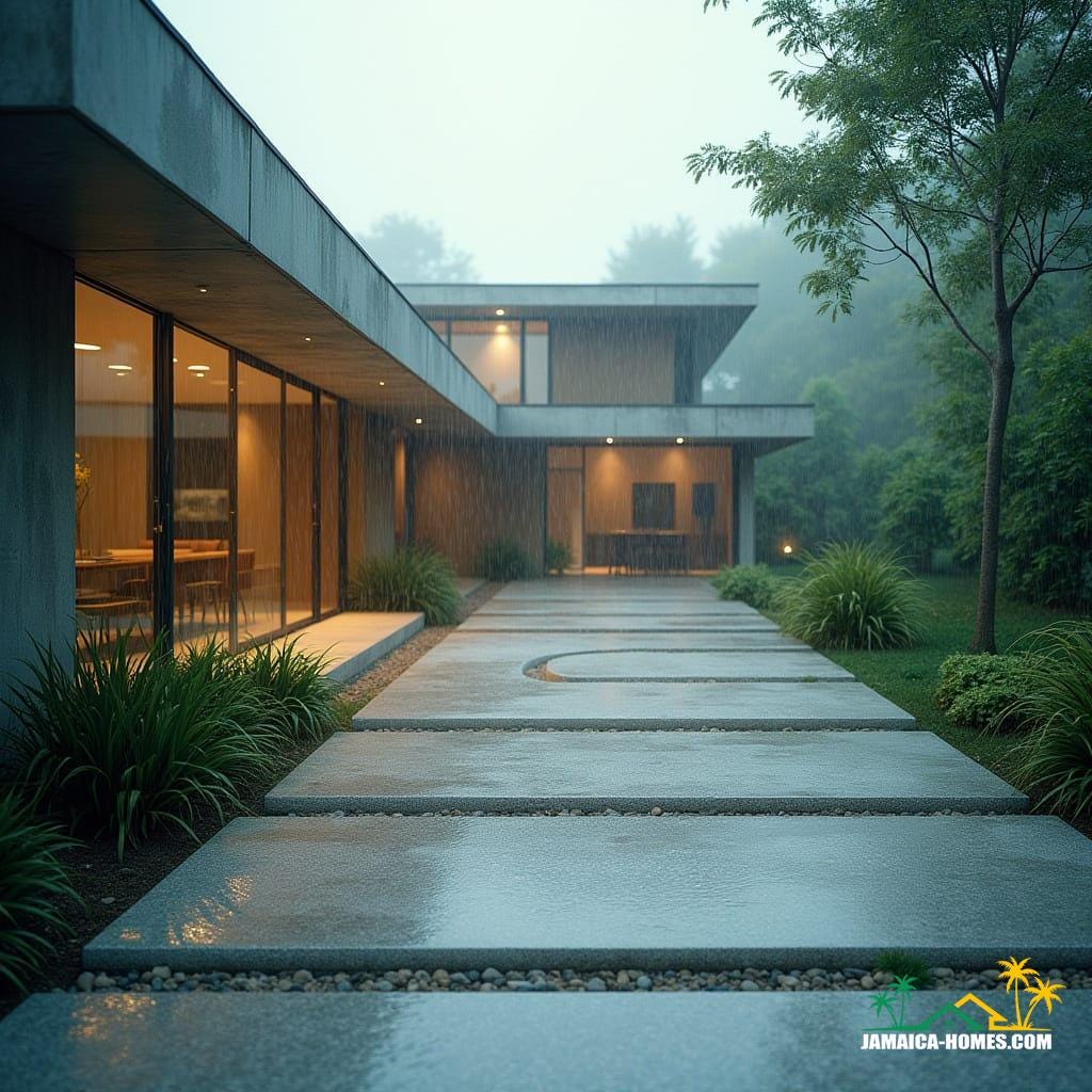 Permeable Driveways and Walkways: A view of a modern home with a permeable driveway made of gravel or porous concrete. Show water filtering through the surface after a rainfall, demonstrating the environmentally friendly design.