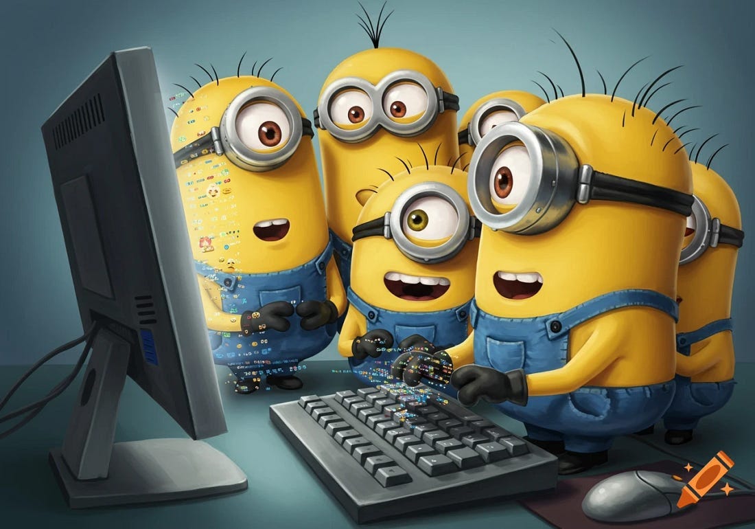 Several Minions gather around a computer looking at the screen and keyboard, cartoon style. on Craiyon Several Minions gather around a computer looking at the screen and keyboard, cartoon style. on Craiyon