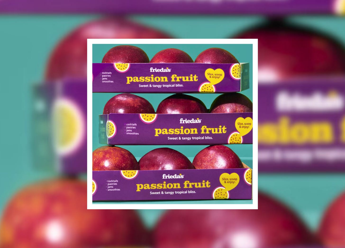 Frieda's Branded Fruit: passion fruit containers.