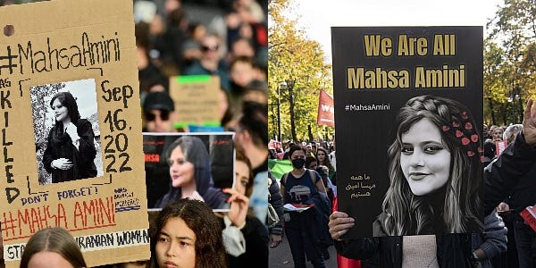 protests in Iran led by young women holding signs and pictures of Mahsa Amini who was murdered by the IRGC