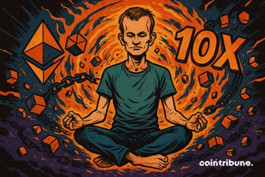 Vitalik Buterin meditating against a vortex background of chains and blocks with the Ethereum logo