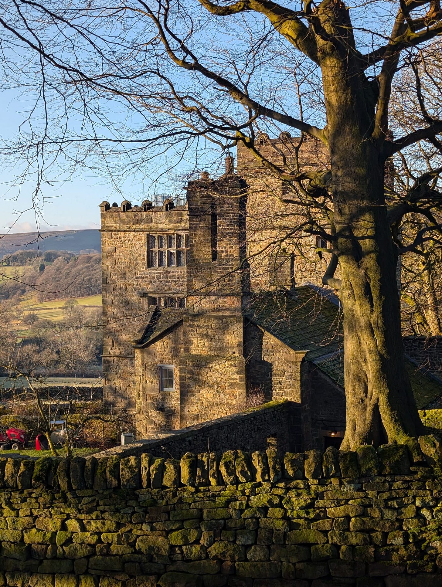 Side view of North Lees Hall in Hathersage, Peak District National Park