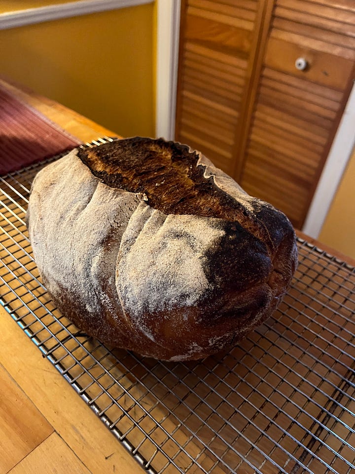 two photos of an oddly shaped loaf of sourdough bread, which has an almost slug-like appearance because one end seems to be turned up into the air