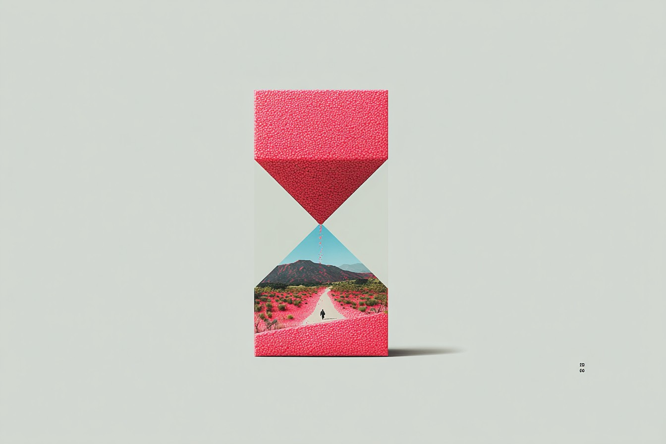 illustration of an hourglass shape with a person walking through a desert illustration of an hourglass shape with a person walking through a desert