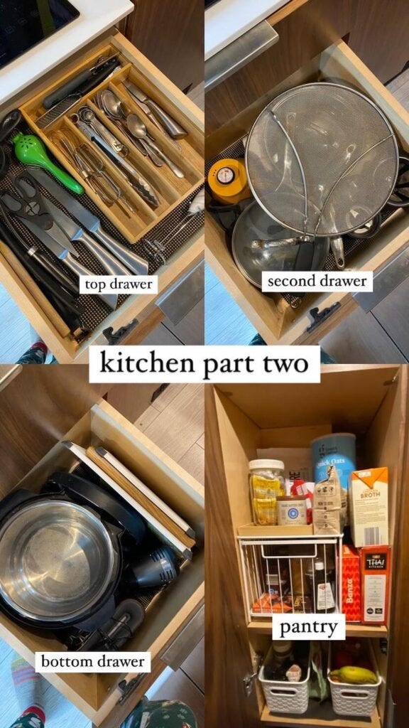 A collage of photos show our under stove drawers and food pantry in our converted camper van