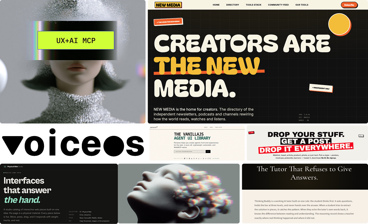 Collage of eight projects shipped in July 2026, spanning a UX+AI MCP server, the New Media creator directory, Voiceos, a VanillaJS agent UI library, Physical Web Studio, and Thinking Buddy AI tutor.