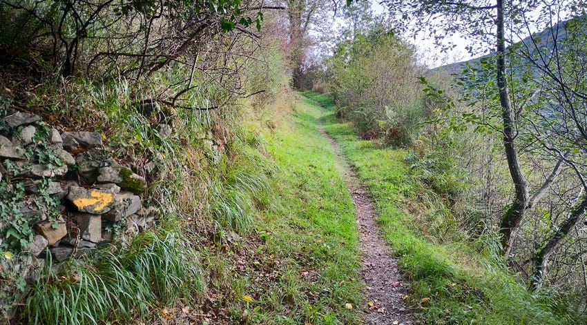 Flecha pintada en el muro, junto al sendero. Camino del Salvador, Asturias