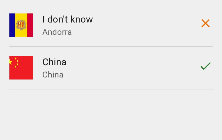 Quiz history list showing two entries: wrong answer “I don’t know” for Andorra, and correct answer “China.”