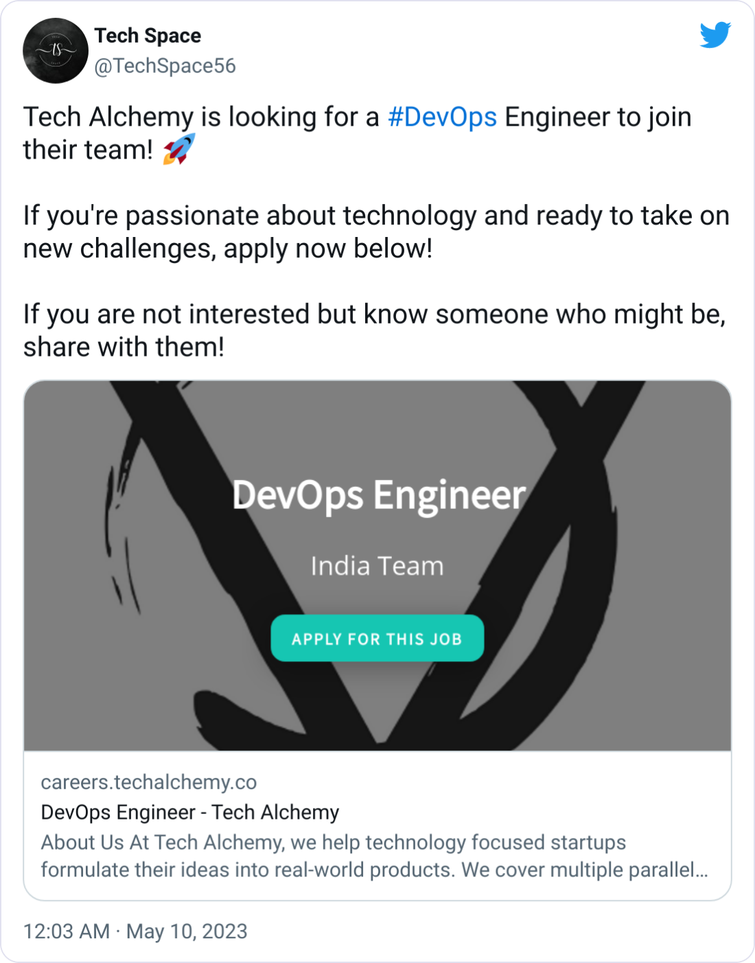 Tech Space @TechSpace56 Tech Alchemy is looking for a #DevOps Engineer to join their team! 🚀 If you're passionate about technology and ready to take on new challenges, apply now below! If you are not interested but know someone who might be, share with them! Tech Space @TechSpace56 Tech Alchemy is looking for a #DevOps Engineer to join their team! 🚀 If you're passionate about technology and ready to take on new challenges, apply now below! If you are not interested but know someone who might be, share with them!