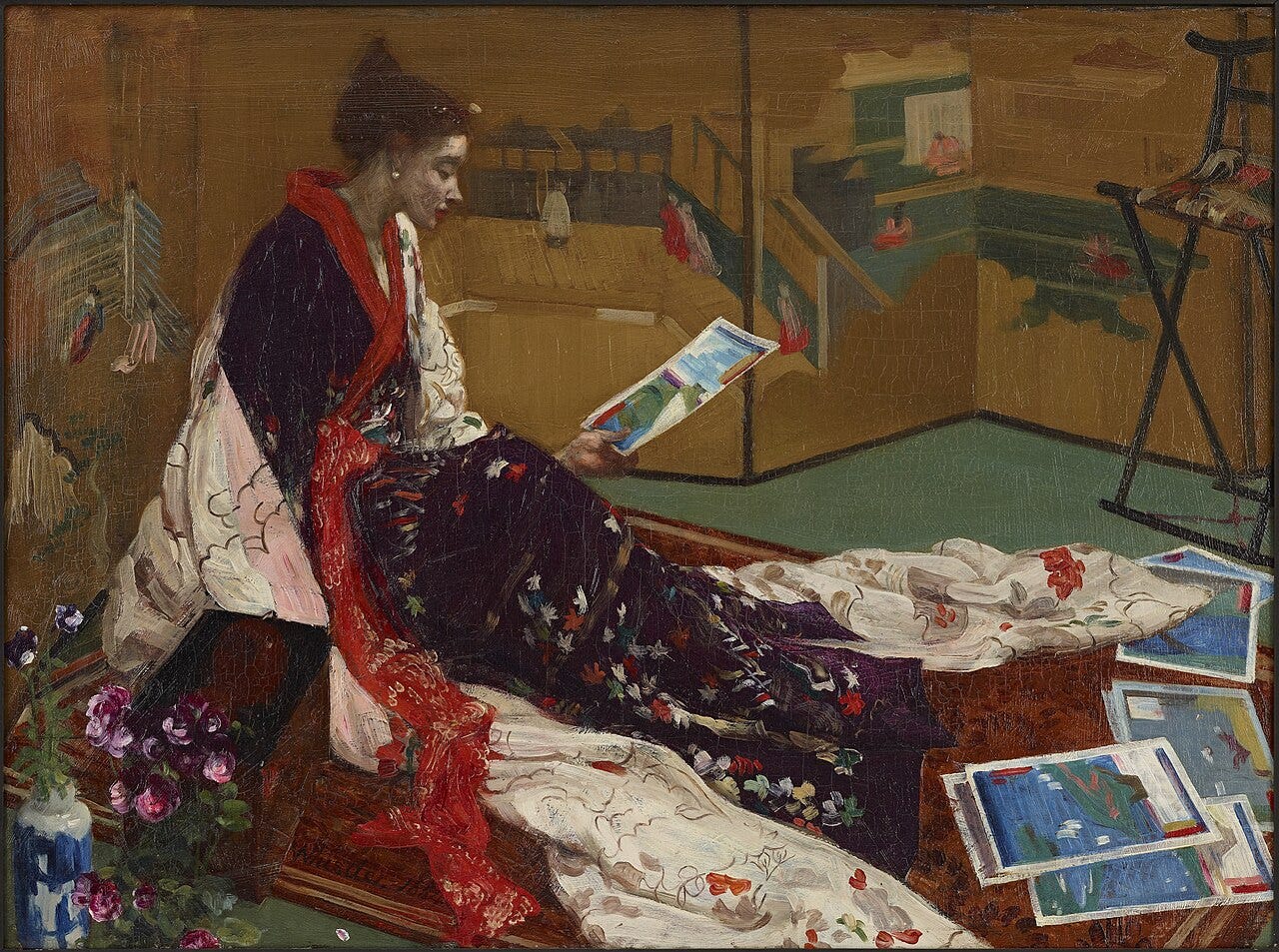 Whistler, a woman in a kimono before a gilded screen with prints Whistler, a woman in a kimono before a gilded screen with prints