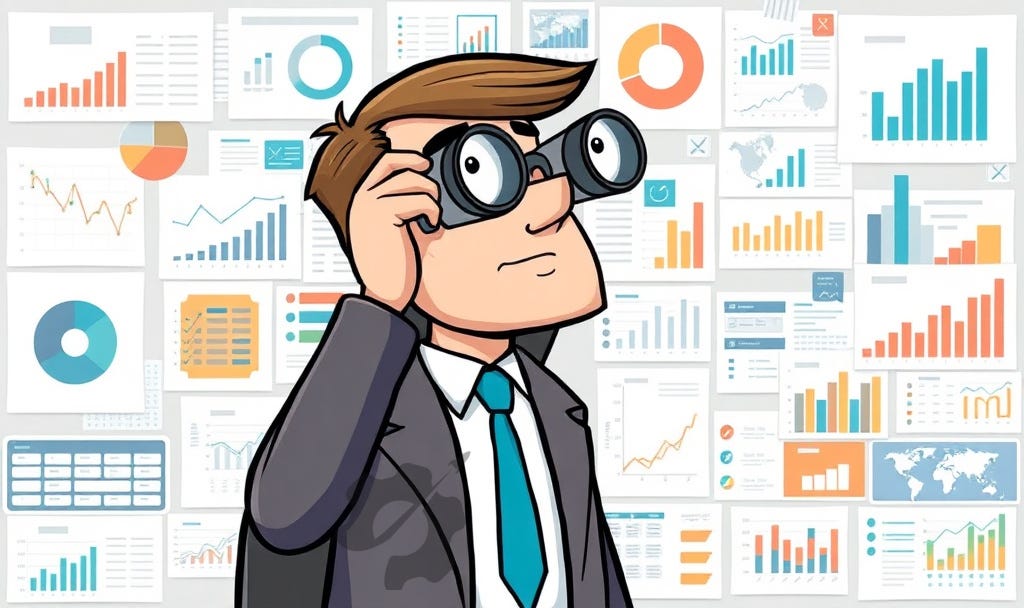 Cartoon of a manager looking through binoculars at a collage of reports and data statistics AI Generated