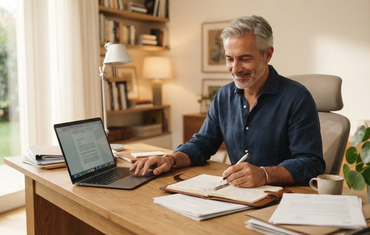 Uomo di 50 anni sereno che pianifica la previdenza e la protezione finanziaria su documenti e tablet per una longevità libera dallo stress. Uomo di 50 anni sereno che pianifica la previdenza e la protezione finanziaria su documenti e tablet per una longevità libera dallo stress.