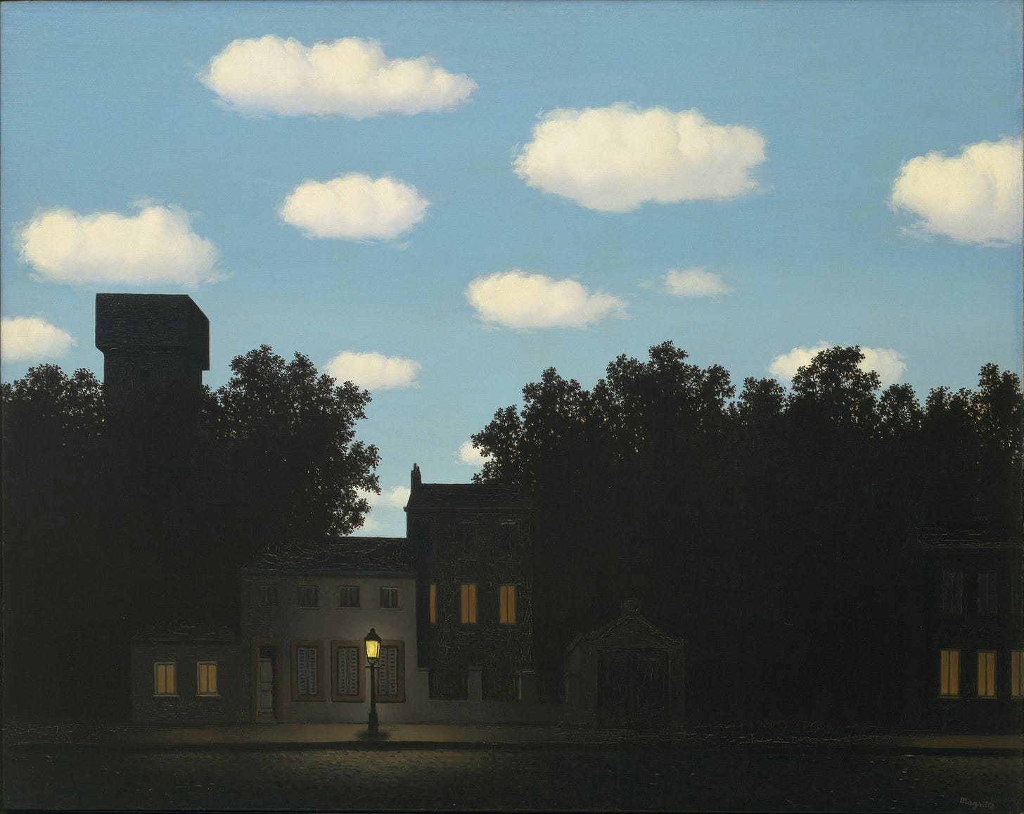 pintura a oleo. Uma casa simples de dois andares, com paredes brancas, fica na margem de um pequeno lago. Suas pequenas janelas emitem uma luz quente, evocando a idéia de conforto e paz no lar. A luz quente de uma lanterna solitária em frente à entrada é como um farol para um viajante cansado que gostaria muito de passar a noite nesta casa maravilhosa. A casa estava cercada por árvores escuras, que a cobriam com segurança de tempestades e ventos. Ao redor é uma noite tranquila.