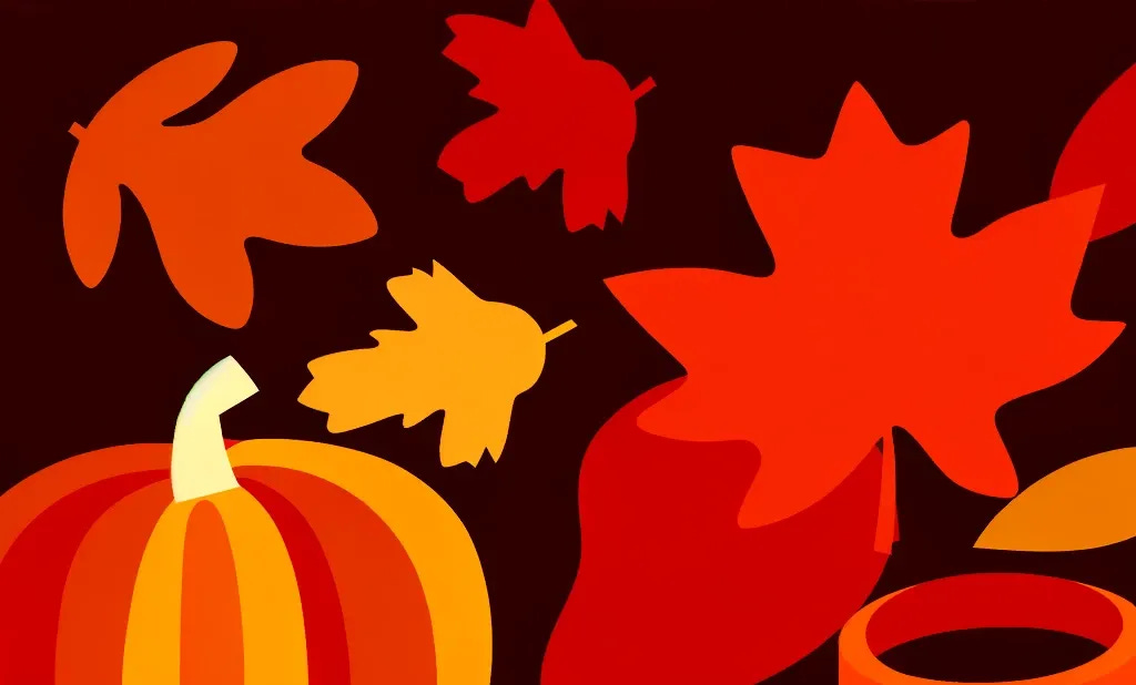 A flat, bold design evoking the sense of autumn. Brightly colored leaves in shades of orange, red, and yellow are scattered across the design, alongside simple illustrations of pumpkins and gourds. The color palette is warm but vibrant, using deep oranges, rich reds, and golden yellows. The overall design is minimalist, with clean lines and solid colors, giving a playful and cozy autumn atmosphere.