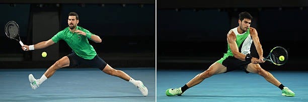 In this composite image a comparison has been made between Novak Djokovic of Serbia and Carlos Alcaraz of Spain. They will meet in the Australian...