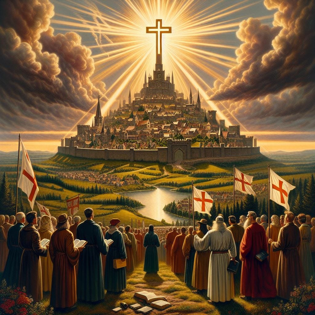 Thumbnail Image An evocative digital painting capturing key themes from books on Christian Nationalism by Andrew Torba, Andrew Isker, Stephen Wolfe, and Douglas Wilson. The image should depict a symbolic Christian nation: a radiant cross towering over a fortified city on a hill, surrounded by lush countryside. The city is protected by strong walls and banners bearing Christian symbols. In the foreground, a group of people—diverse in age and background—are gathered, holding Bibles and flags, looking toward the city with determination. The sky is dramatic, with rays of light breaking through clouds, symbolizing divine guidance. The overall tone should be bold, visionary, and rooted in traditional Christian imagery, reflecting themes of dominion, discipleship, cultural renewal, and spiritual warfare in a post-Christian world.